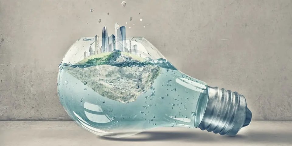 Glass light bulb with water and cityscape inside-1